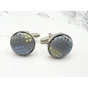 Vintage Woven Fabric Cufflinks Blue Gray Silk Look Mens Formal